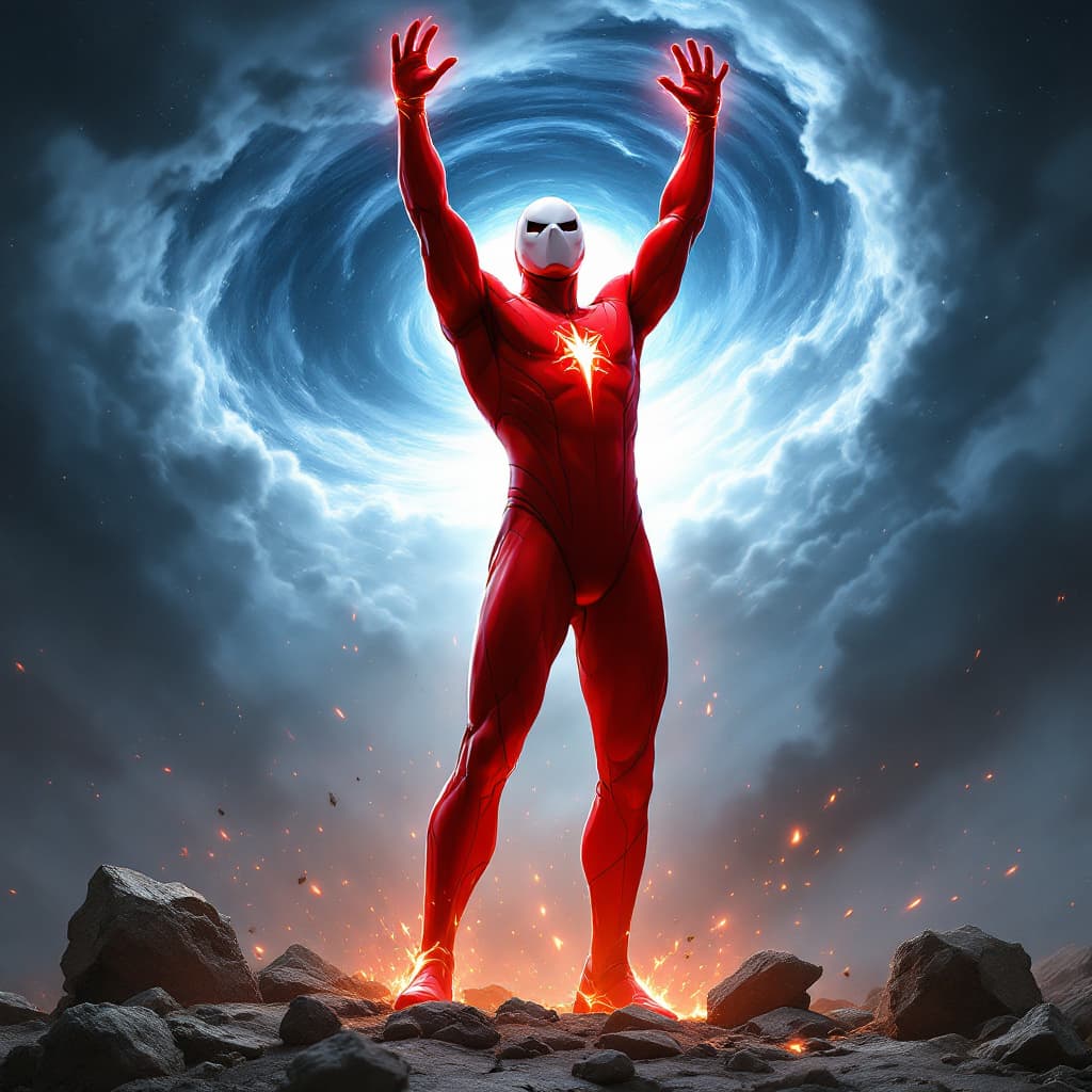 AI generated: A heroic figure dressed in a bright red suit, which is sleek and form-fitting, radiating an intense,...
