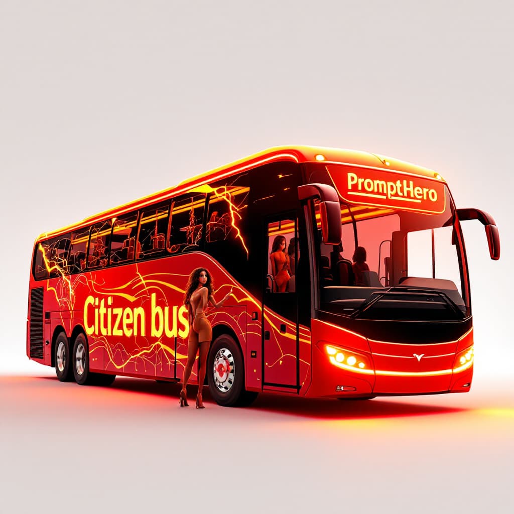 AI generated: High resolution photography bus, two pertty car show girl stand behind the bus,a sleek and modern de...