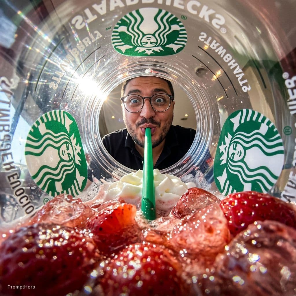 AI generated: {
  "prompt": "View from inside a Starbucks strawberry frappuccino cup looking up, fisheye lens extr...