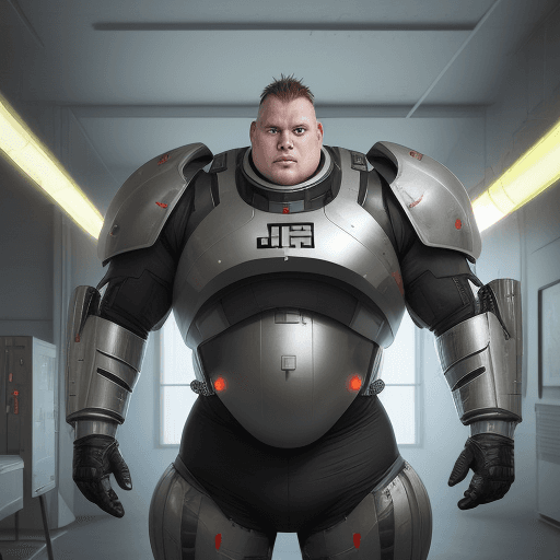 AI generated: sci-fi bild, junger mann, mollig, 130kg, glatze, soldart