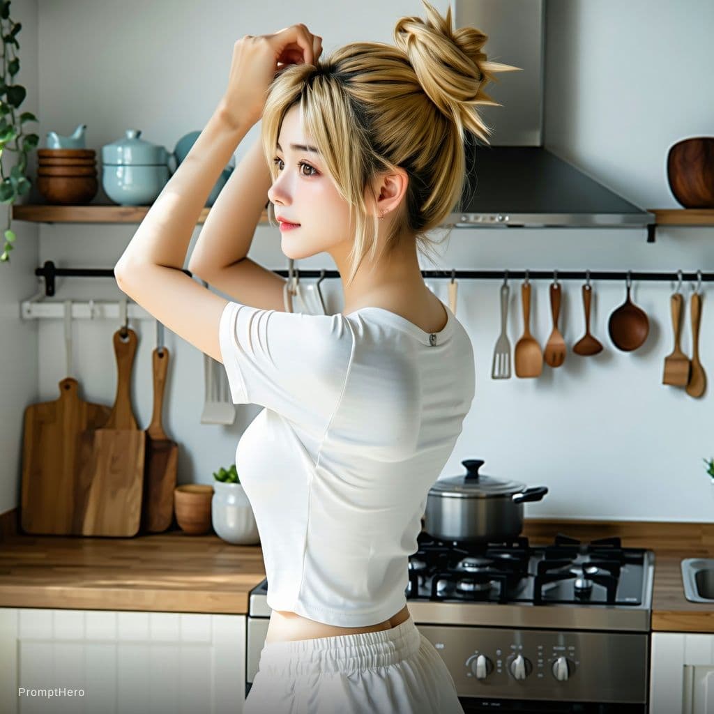 AI generated: (SORA)     "Medium close-up, photograph of a young woman with her blonde hair in a bun in her kitche...