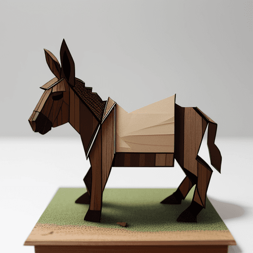 AI generated: A donkey wood carving in the style of paper diorama 

