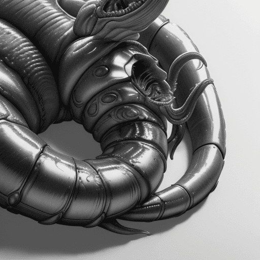 AI generated:  A pencil drawing of an alien xenomorph with large tentacles and claws, laying on its back in the sn...