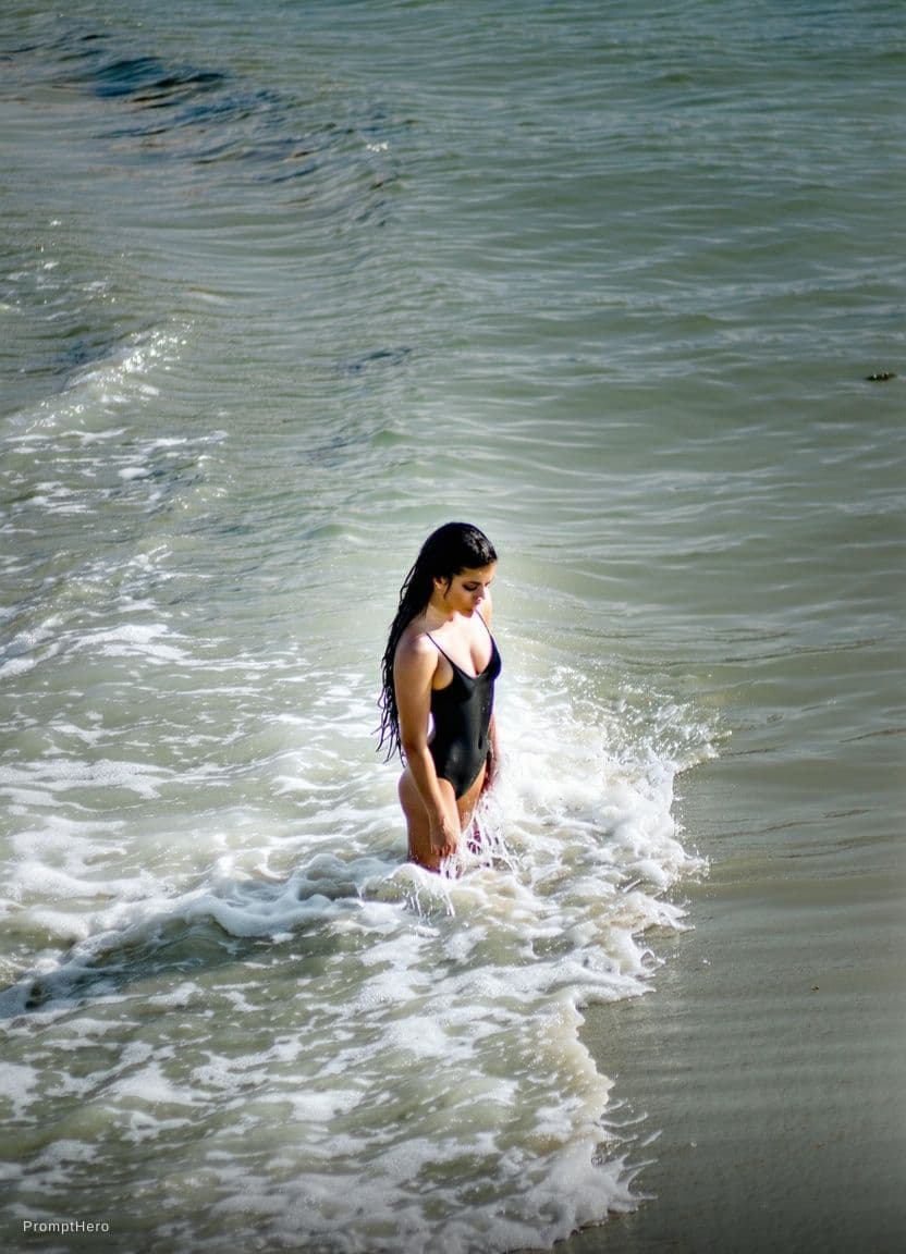 AI generated: A fit adult woman stands in shallow ocean water, wearing a black bikini. Her wet hair flows down her...