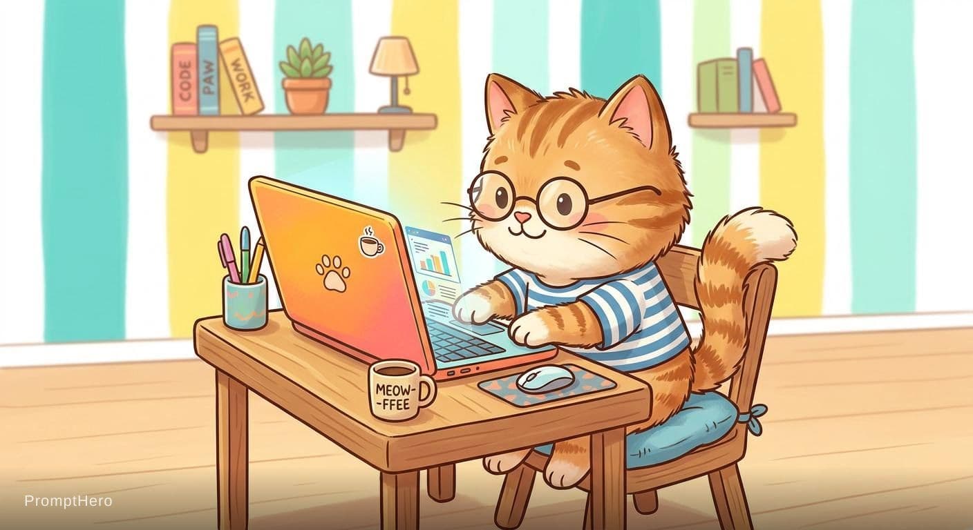 AI generated: Illustration of a cat working on a laptop, cute cartoon style, low angle, bright colors and simple b...