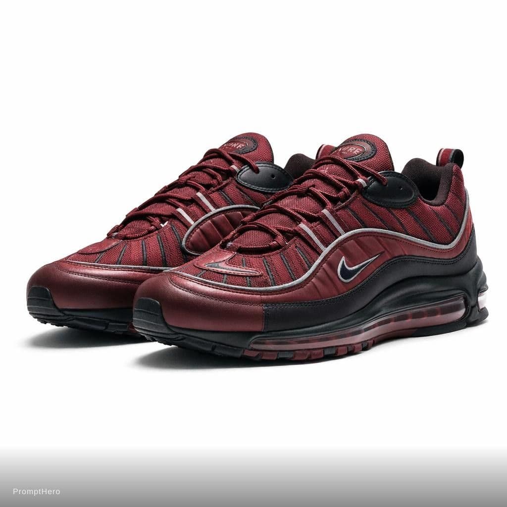 AI generated: productive view, Nike Max98 dark red color shoes