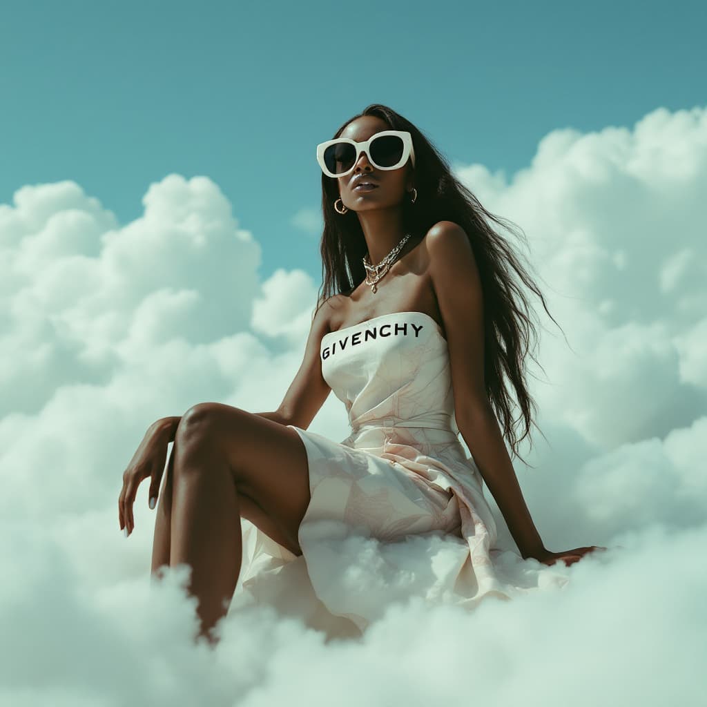 AI generated: A photo of an eccentric black woman sitting on top of white fluffy clouds wearing big sunglasses and...