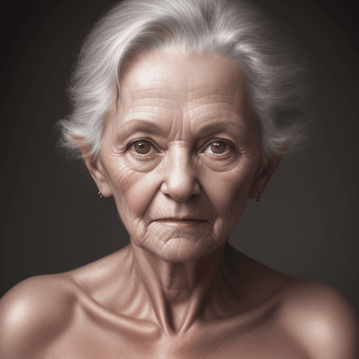 AI generated: Realistic photography of a old woman, topless, portrait, in high detailed skin, sharp