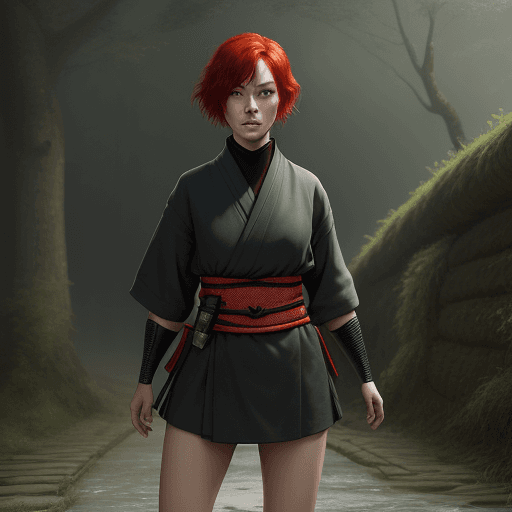 AI generated: Lowland girl, short red hair, full body, looking at the camera, ninja samurai, photorealism, dayligh...