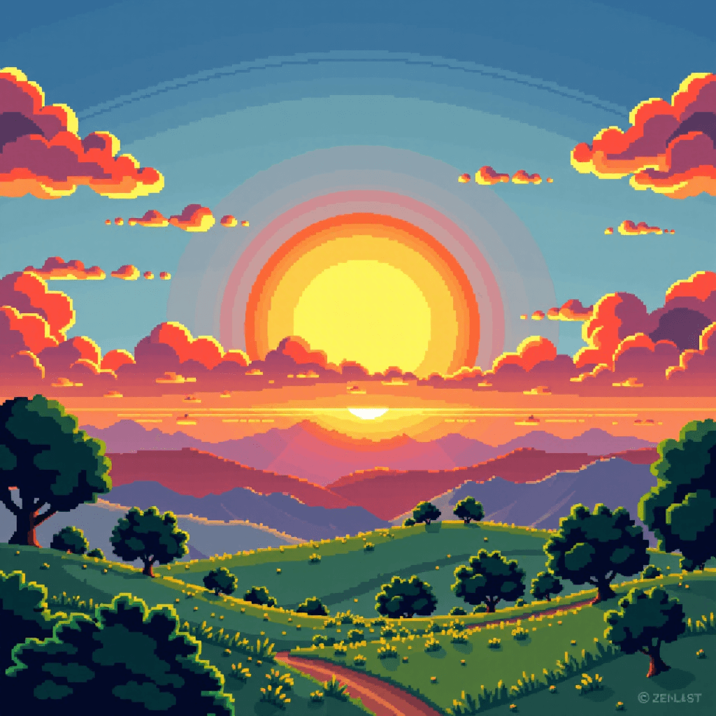 AI generated: Gamer-Sonnenaufgang: Die aufgehende Sonne am Horizont hat die Form eines klassischen 8-Bit-Herzens a...