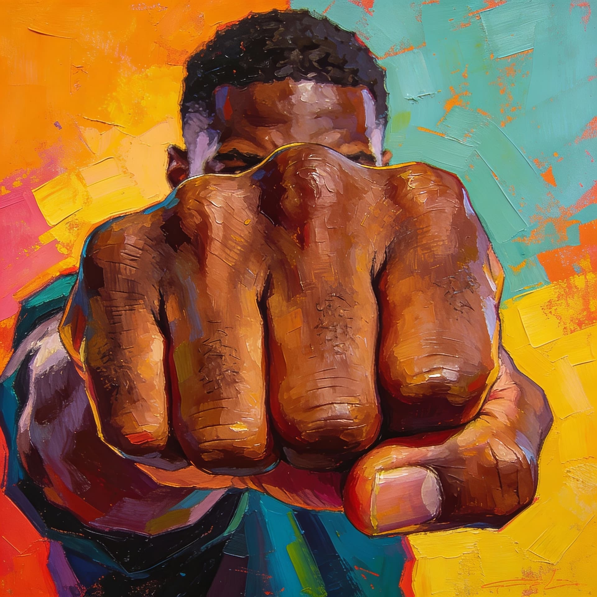 AI generated: pov front view of an african american man's fist.  The pov is you see the knuckles as if the fist is...