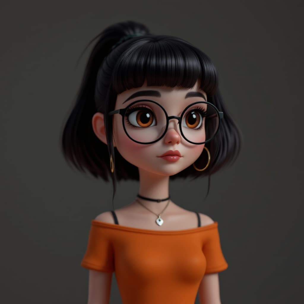 AI generated: a 3d cartoon goth girl aesthetic, velma from scooby-doo, a woman wearing eye glasses and an orange t...