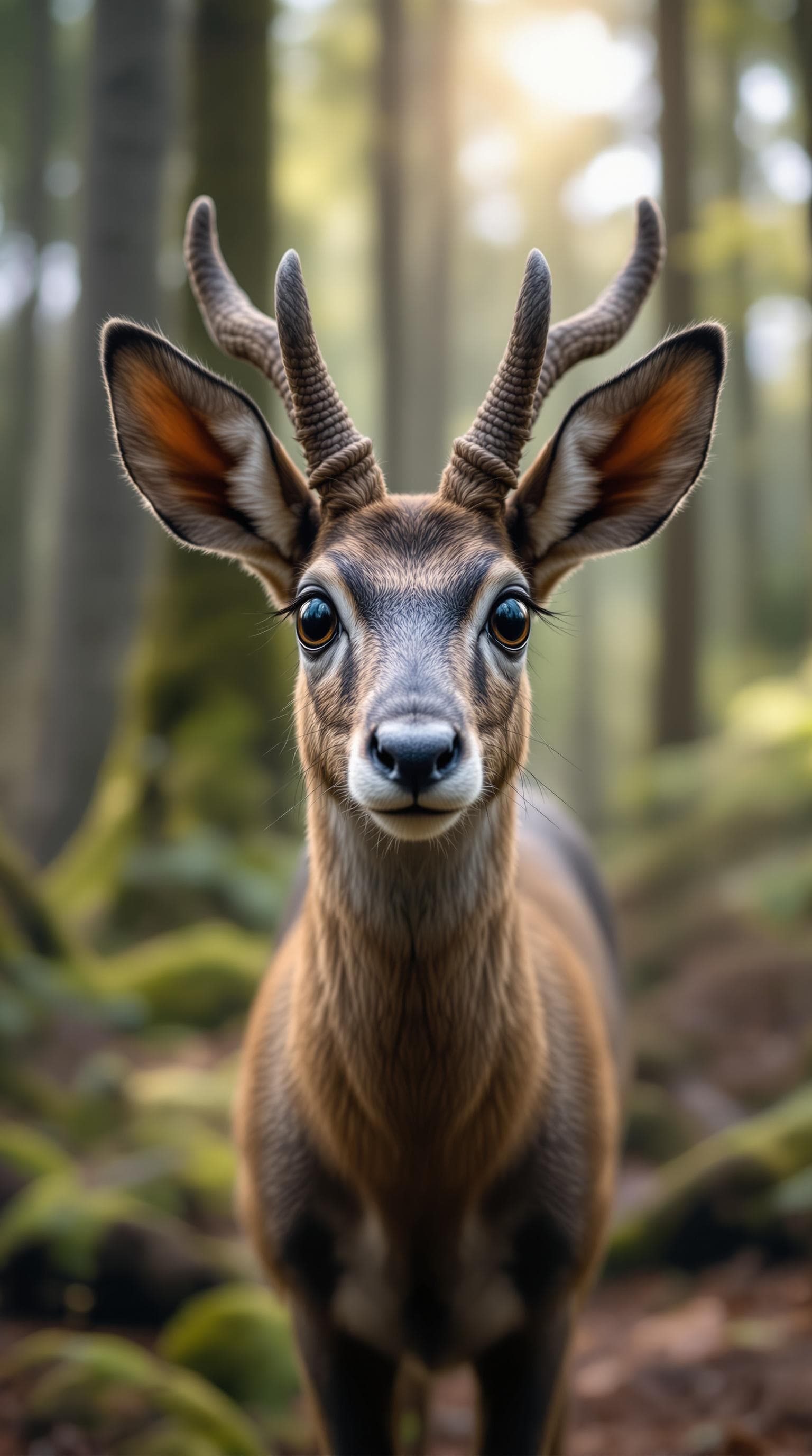 AI generated: "A close-up view of a musk deer (kabaraga) standing in a natural forest setting, looking directly in...