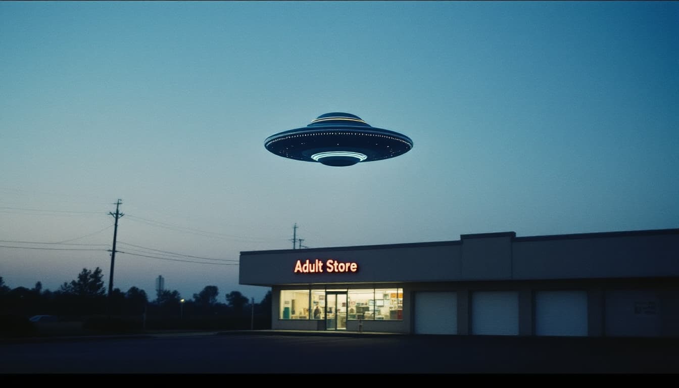AI generated: Fujifilm film still, photograph of a UFO, hovering over a Adult store, new horizon, shake unfocused,...