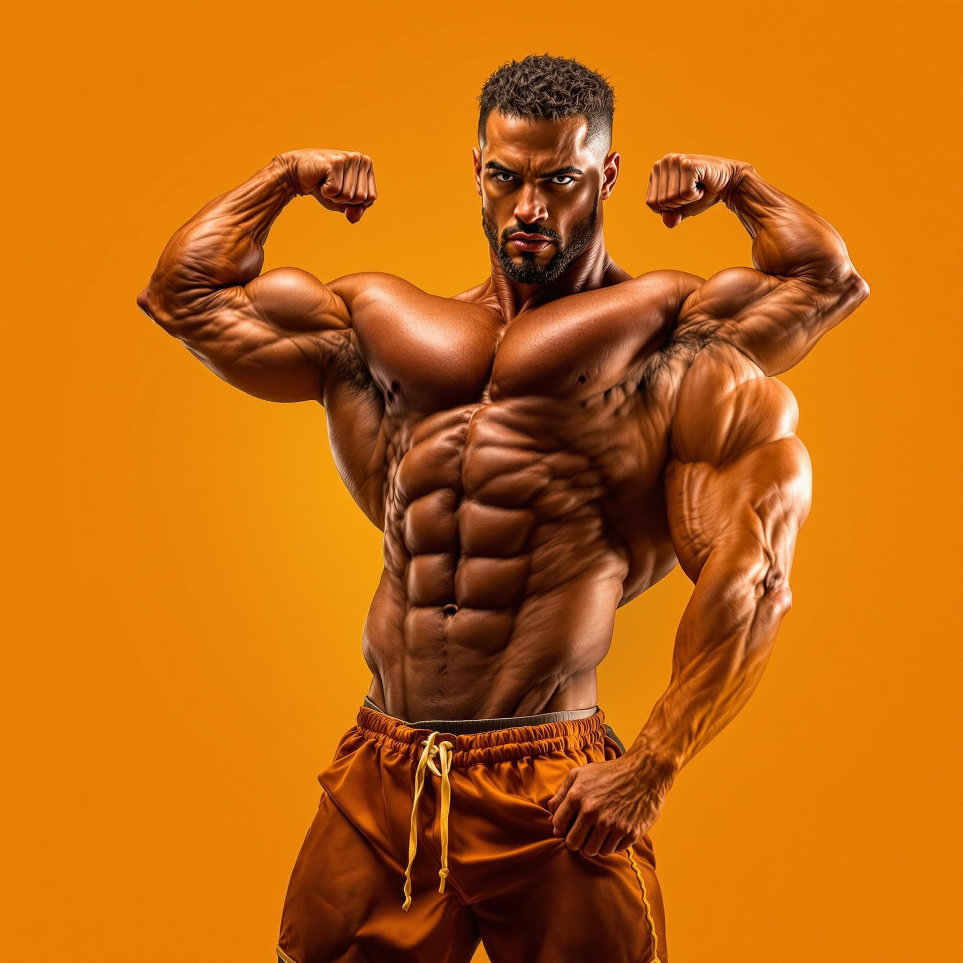 AI generated: bodybuilder in gym shorts giving a power pose