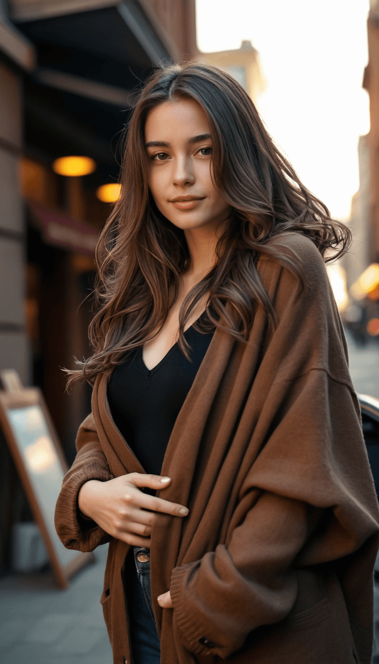 AI generated: A woman standing outdoors in a softly lit urban street, wearing an oversized brown cardigan loosely ...