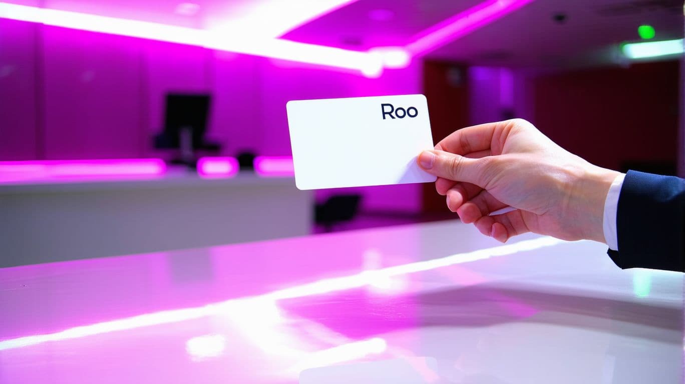 AI generated: A futuristic scene of a receptionist handing a guest their white Roo key card across a futuristic re...