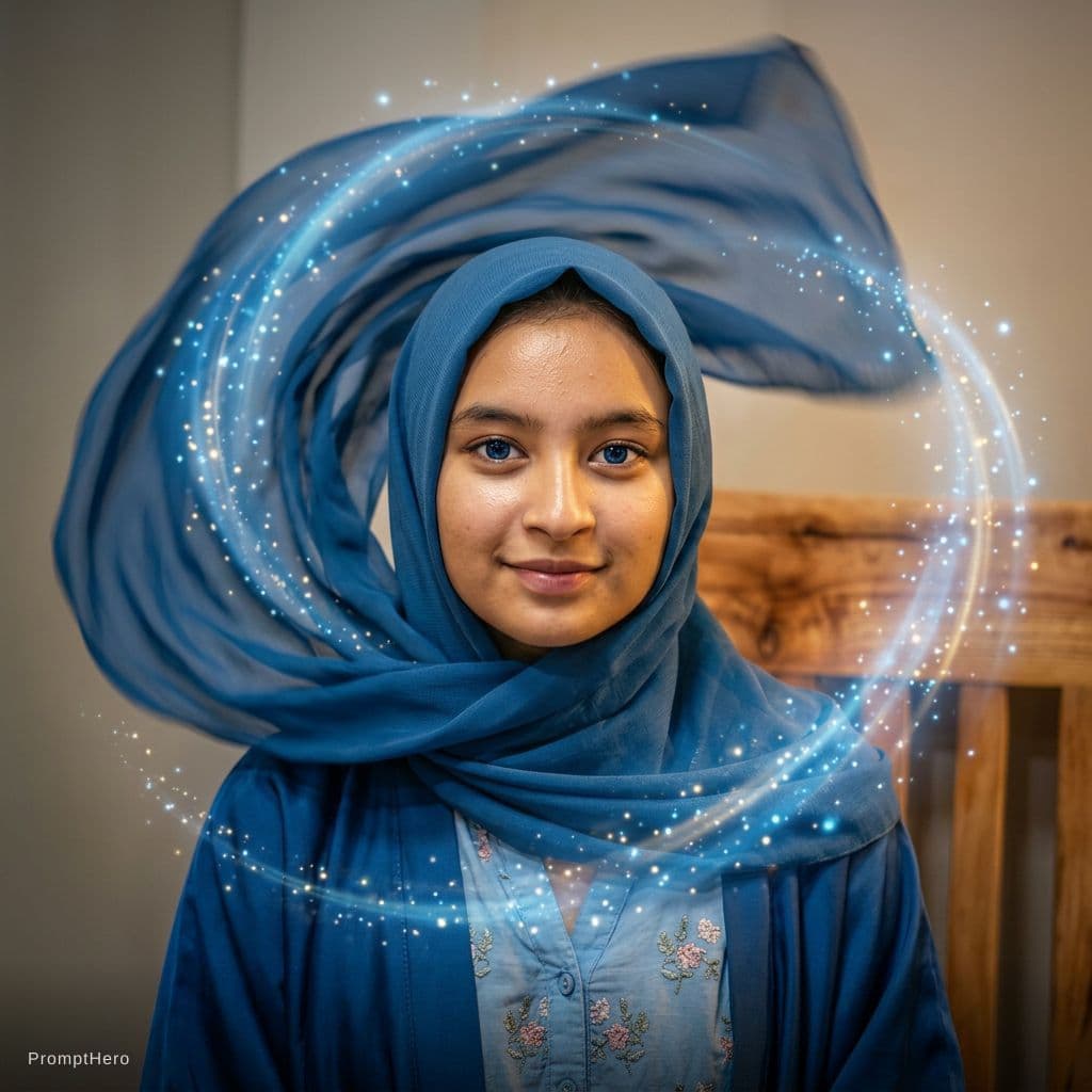 AI generated: best quality, masterpiece, (realistic:1.2), luminate, beautiful muslim, hijab, twirling hijab, robe,...
