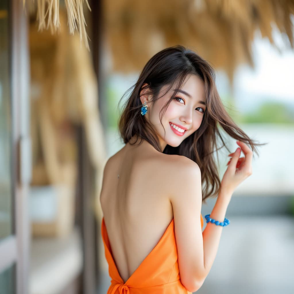 AI generated: The photograph depicts a woman with a typical Japanese female artist face smiling cheerfully and wea...