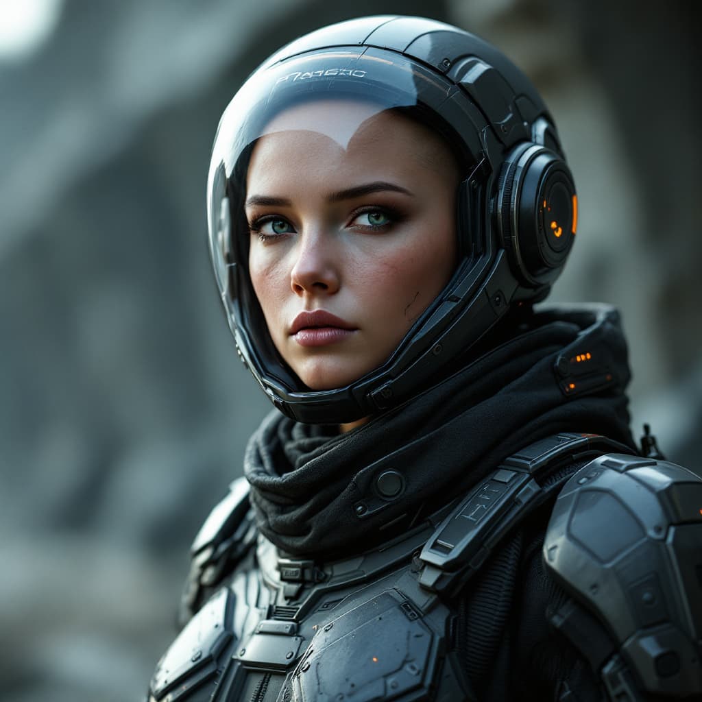 AI generated: Dog sci-fi female armor with cybernetic helmet, full armor, insulated armor, spacesuit, bald head, l...