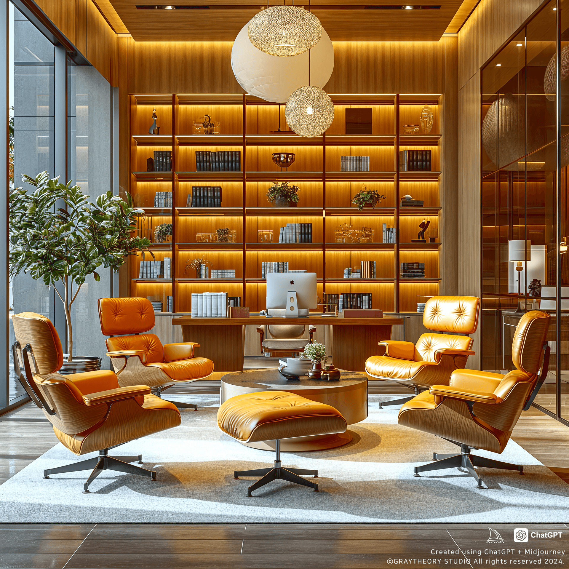 AI generated: Spacious office with frontal view, Herman Miller Aeron chairs, Artemide Tolomeo desk lamps, captured...