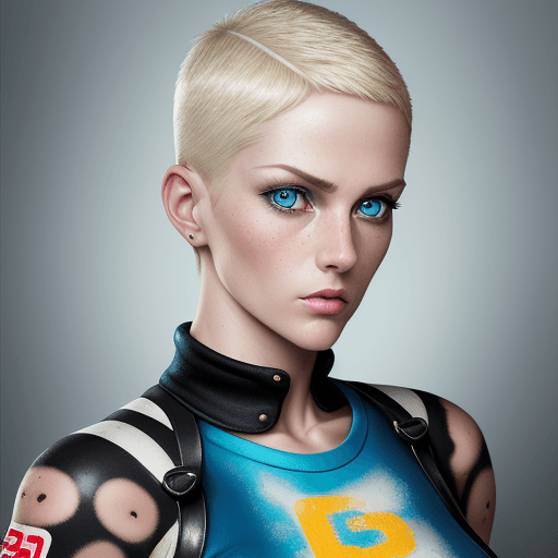 AI generated: a stunning realistic photograph of a women blonde crew cut 30 year old, with roller derby clothes, w...