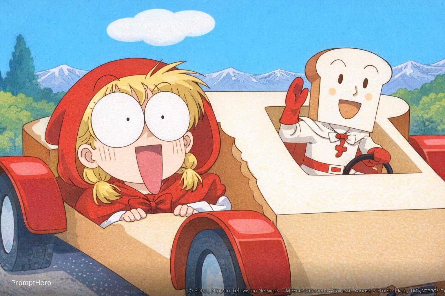 AI generated: akazukin chacha for sandwich race car Producers Sotsu, Nippon Television Network tms entertainment a...