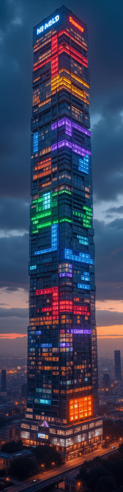 AI generated: A towering, ultra-modern skyscraper stretches into the clouds, each floor glowing in a different vib...