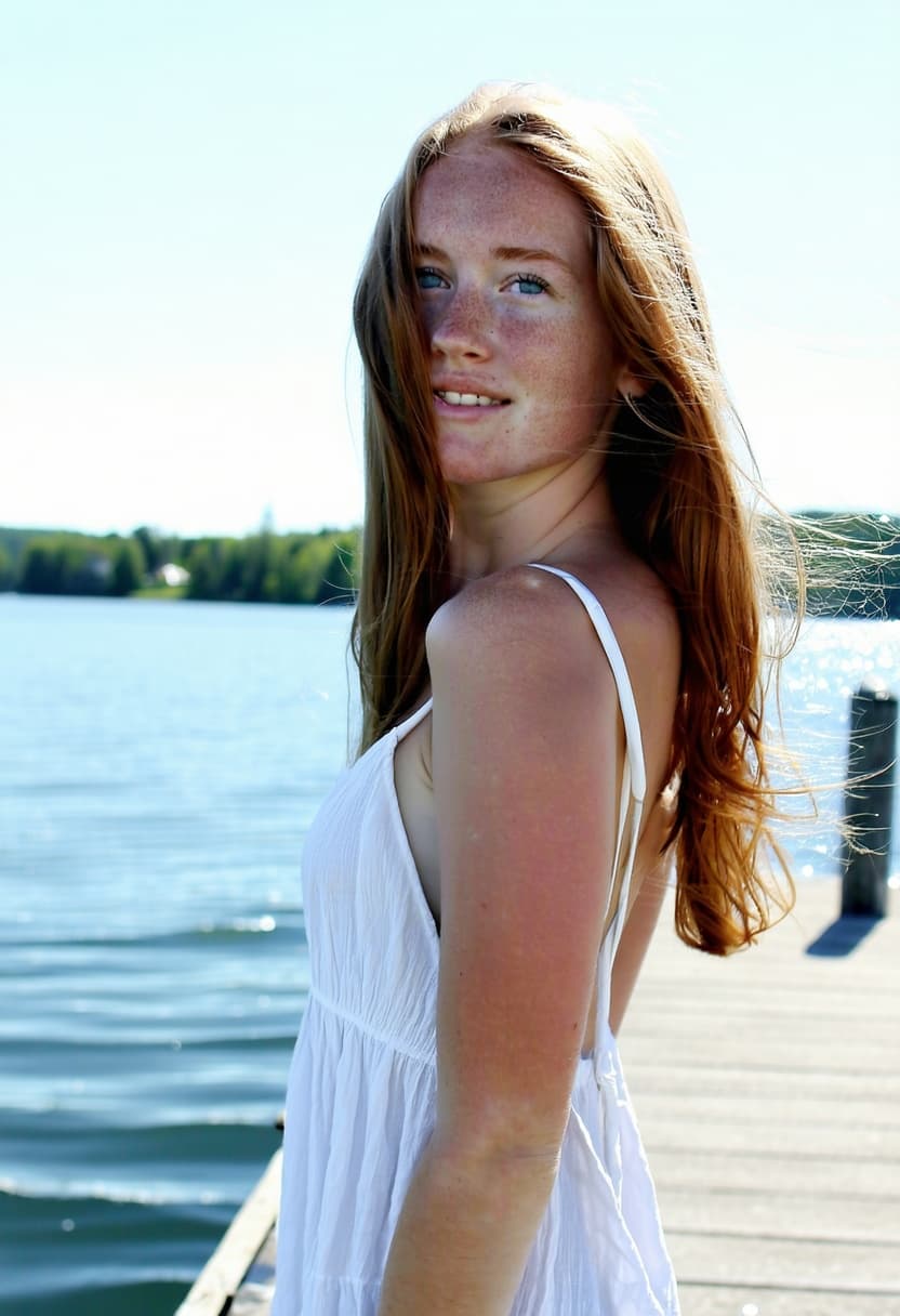 AI generated: Woman, 25 years of age on a dock.  The bright sunlight catches her hair, turning it into a cascade o...