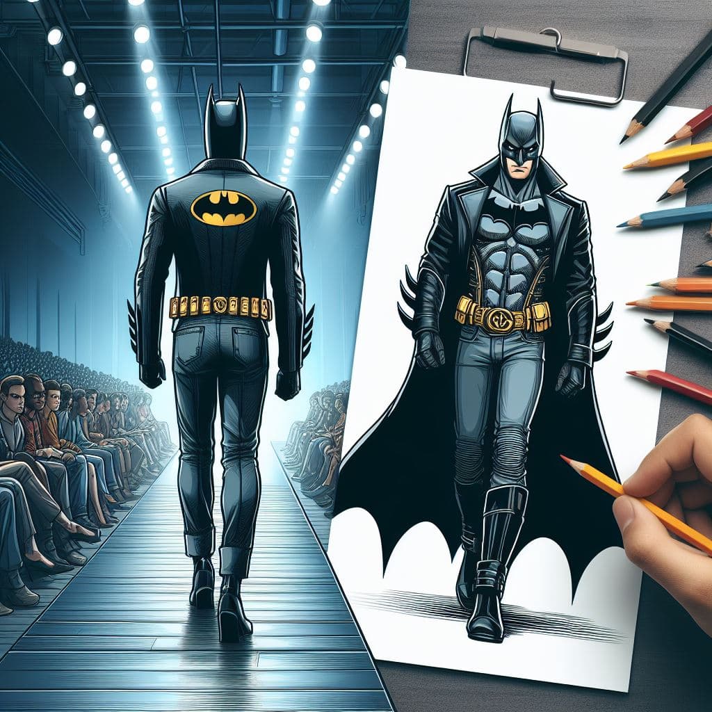 AI generated: Design a fashionable batsuit for Batman in the style of Gucci. Present it on a fashion show runway. ...