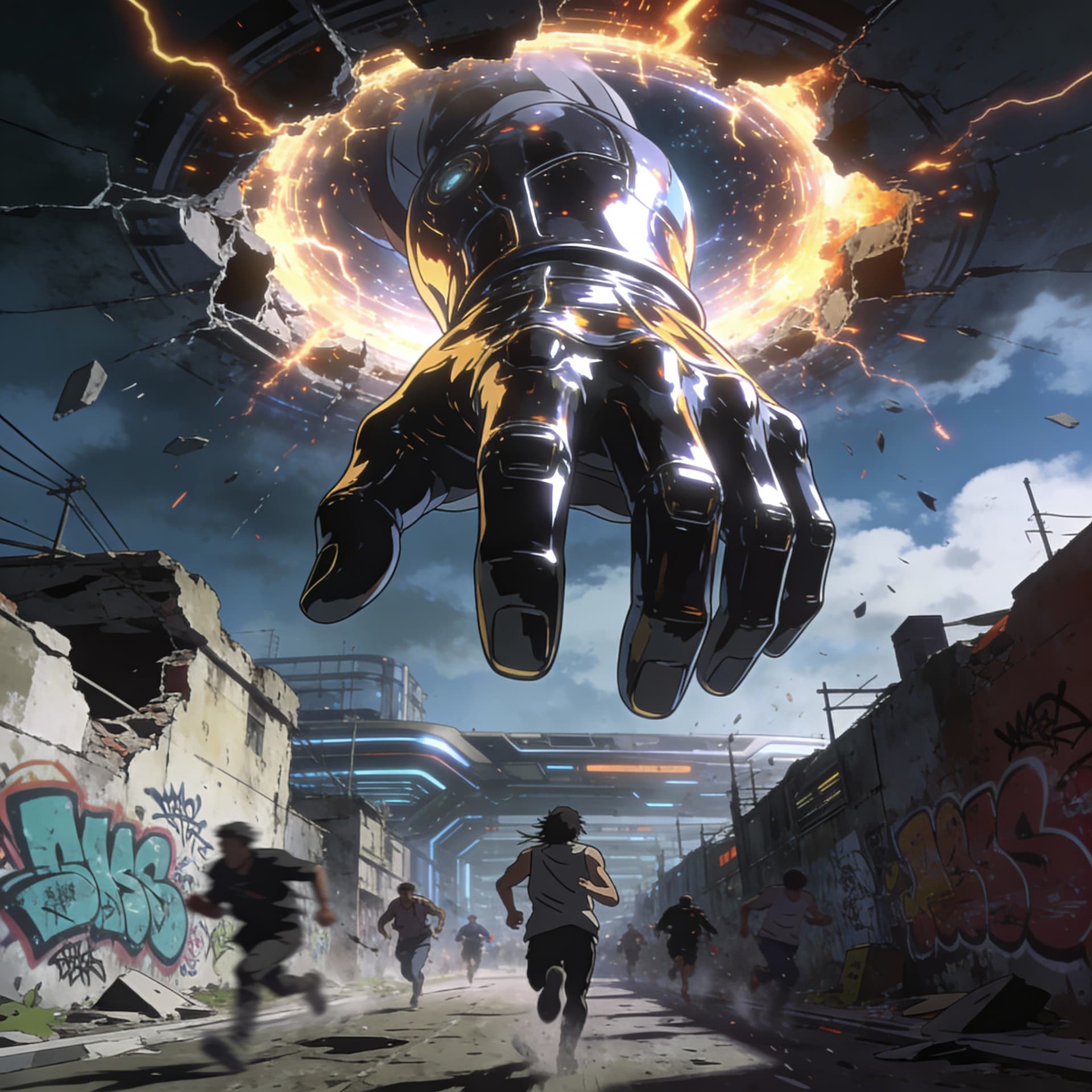 AI generated: A gritty, 3d anime styled illustration of a giant metallic hand like galactus reaching out forward f...