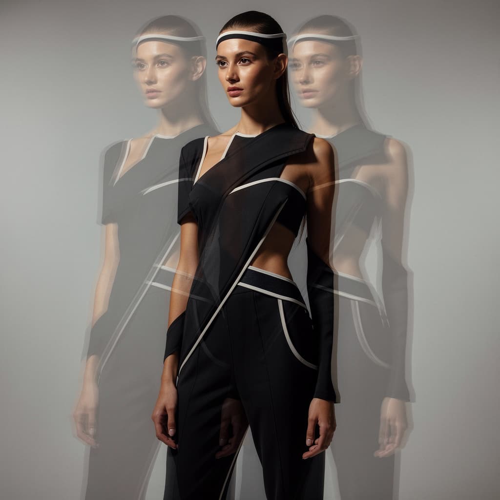 AI generated: A striking young female’s form is layered with abstract elements like reflections or double exposure...