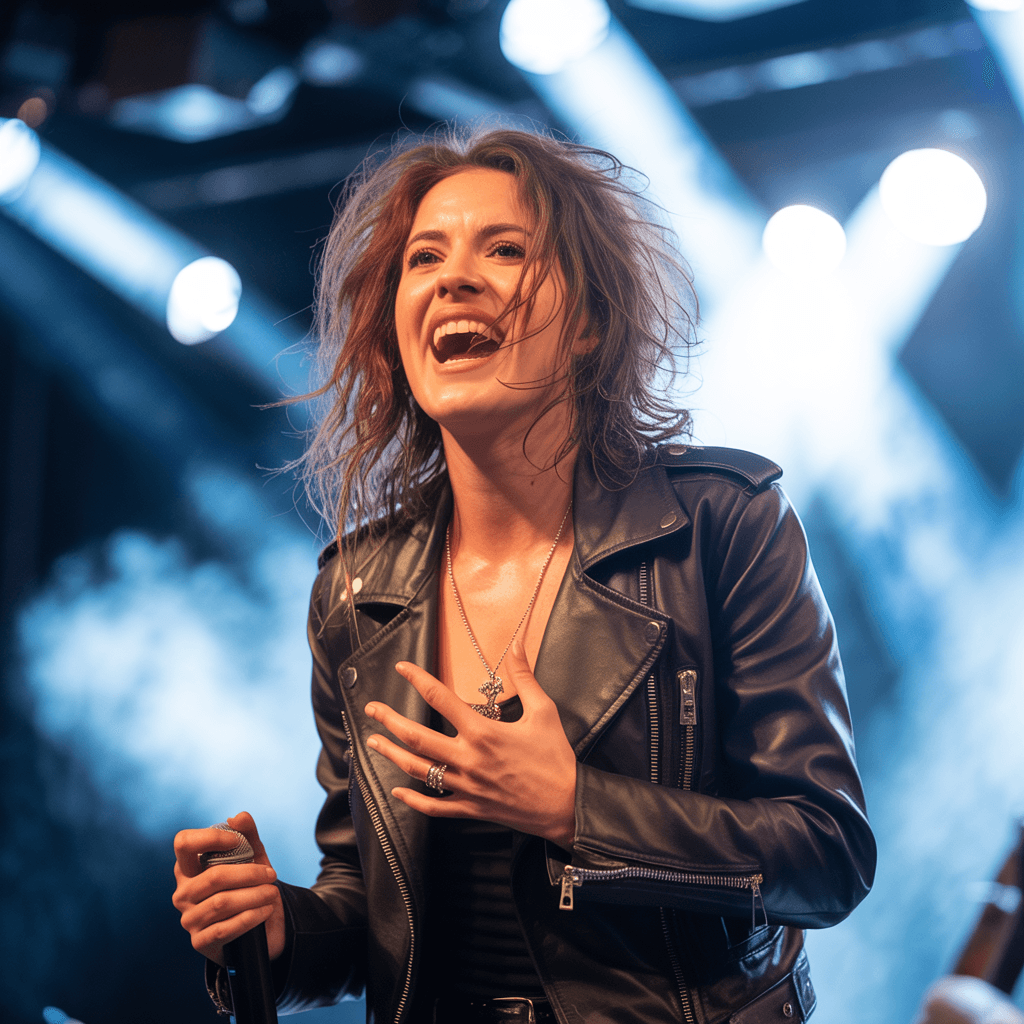 AI generated: powerful female rock singer on stage, expressive face, wild tousled hair, leather jacket, dramatic s...