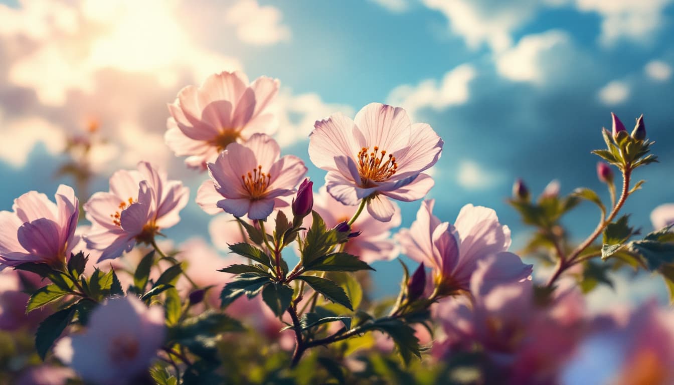 AI generated: Imagen de de un cerezo en flor, profundidad de campo, luz soleada , fondo cielo azul
