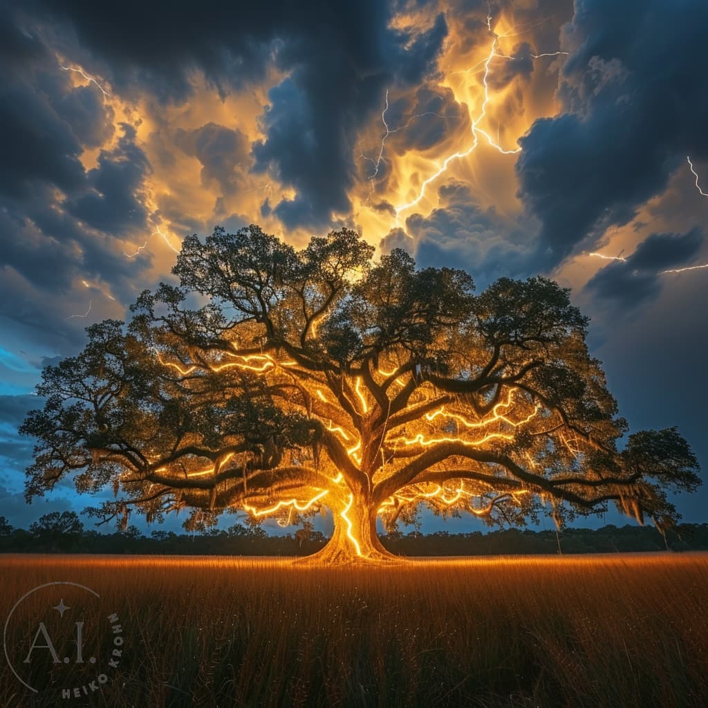 AI generated: There is a single large oak tree in a field, there is a heavy thunderstorm and the oak tree is struc...