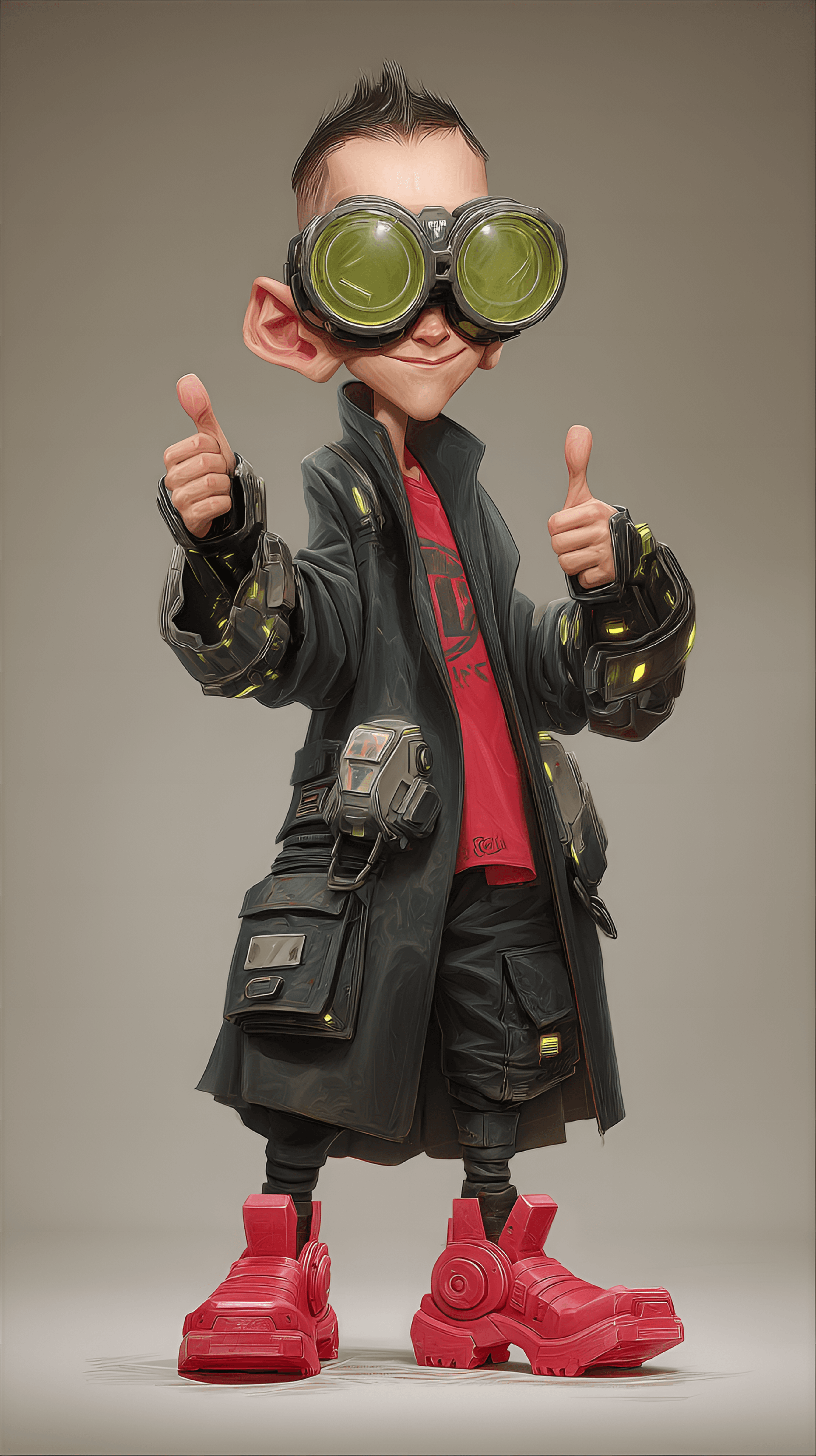 AI generated: funny caricature, cyberpunk kid caricature, androgynous cyborg child, ageless, green-tinted skin, an...