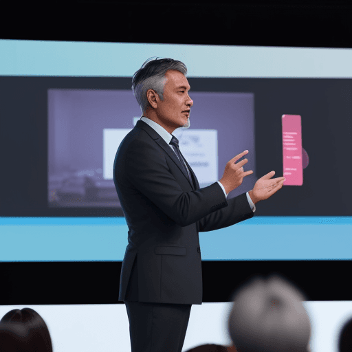 AI generated: 3.	an executive dressed man standing at a podium in front of thousands of people, pexels, happening,...