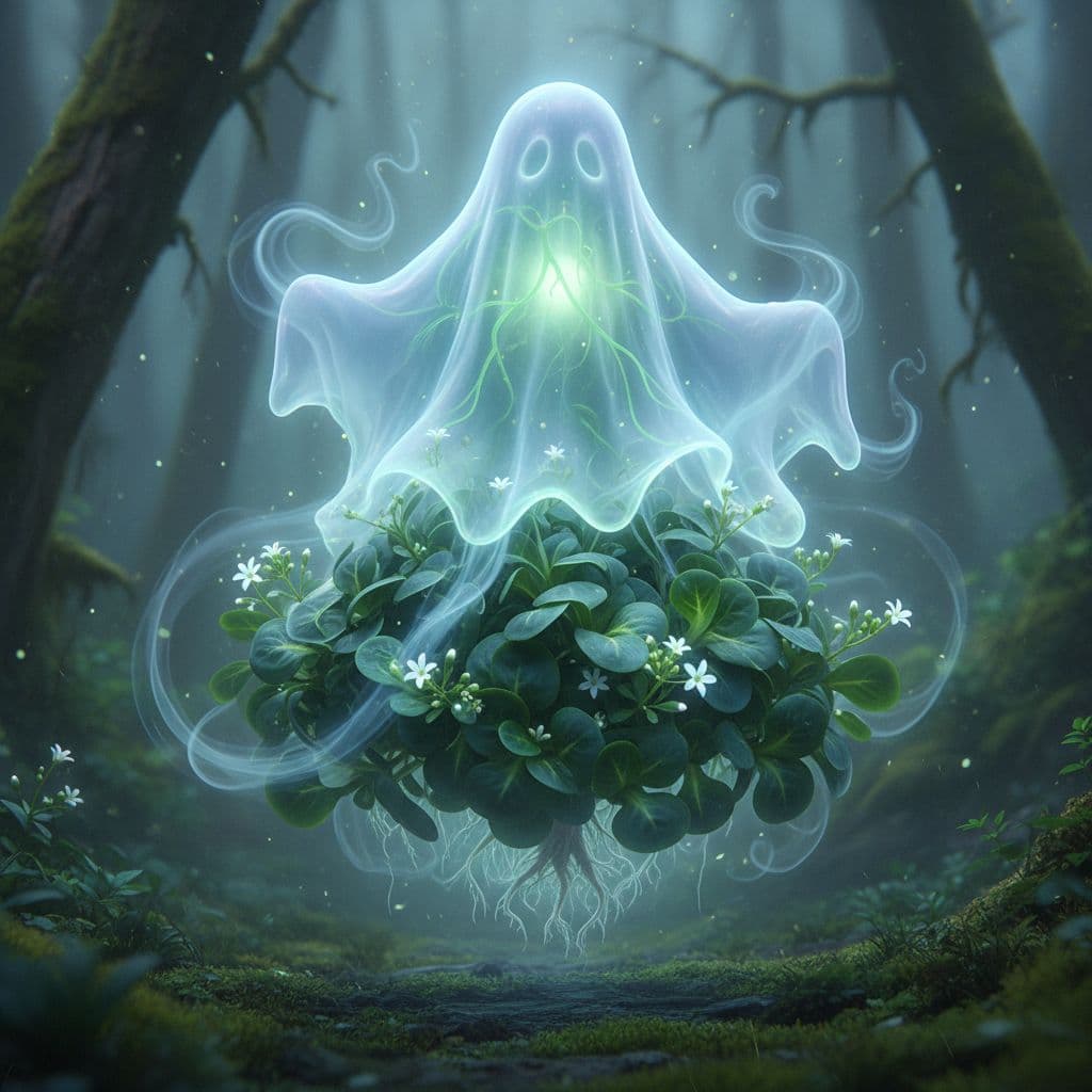 AI generated: make a creature that is half ghost half Valerianella locusta