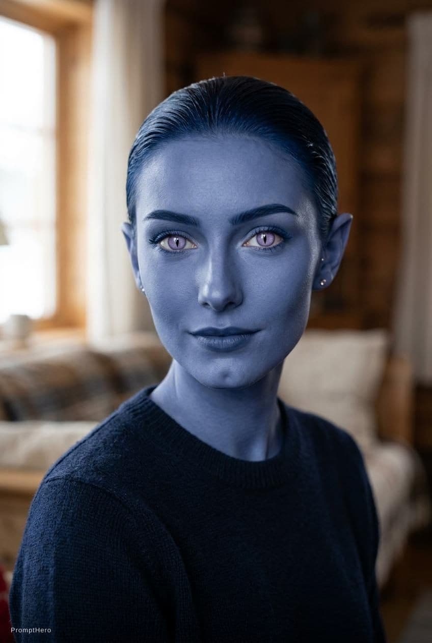 AI generated: beautiful Scandinavian 18 year old woman with indigo blue skin, dark blue hair slicked back, thin da...