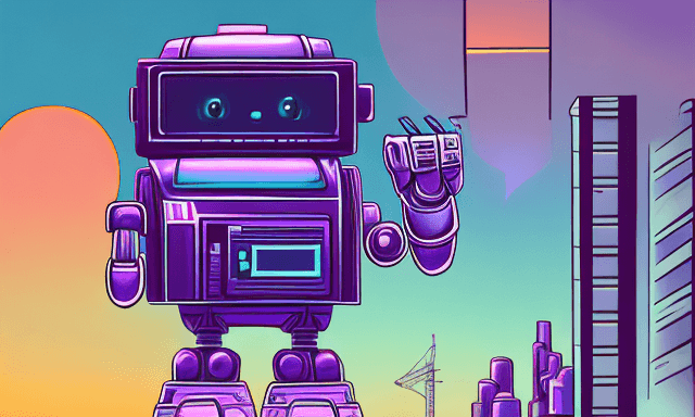 AI generated: Illustration of cute robot holding building blueprints+. high contrast, digital painting, sunset-, b...