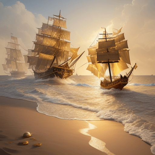 AI generated: A Chinese junk ship carrying gold coins and gold bars has run aground on a warm, sandy beach. The at...