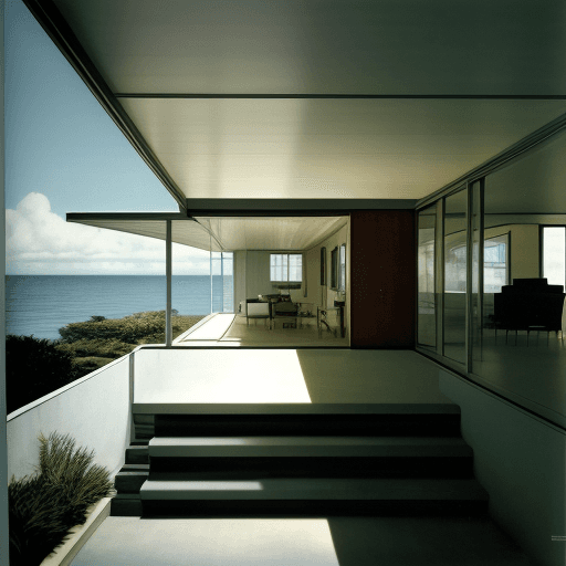 AI generated: Hyper realistic eye level exterior photo of a mid century modern style house overlooking the ocean, ...
