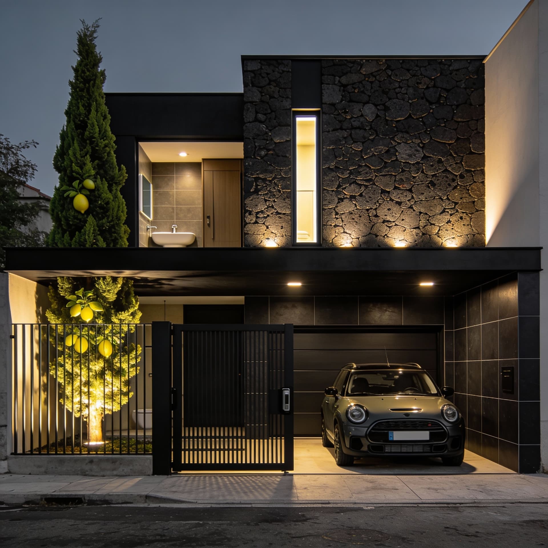AI generated: Modern two-story house facade, 6 meter wide lot, bold contemporary architecture.
Front half garage f...