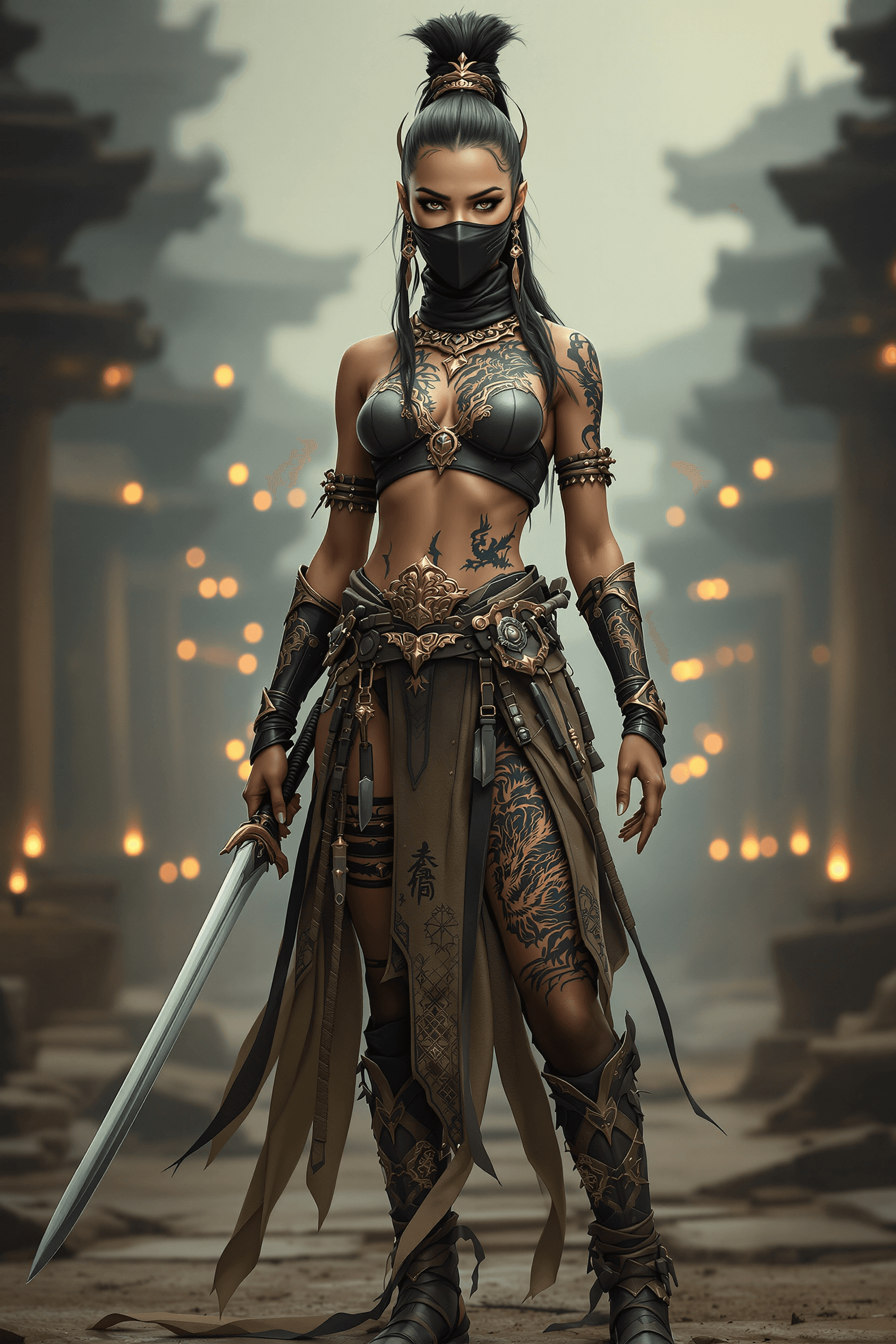AI generated: An ultra-realistic, full-body portrait of an Indian warrior woman, standing in a strong, battle-read...