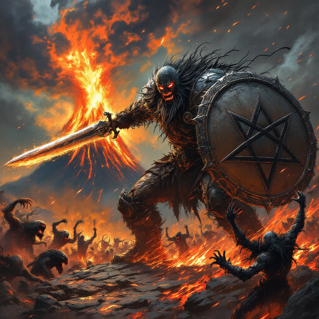 AI generated: A monstrous warrior wielding a massive sword and carrying a large shield in the shape of a pentagram...