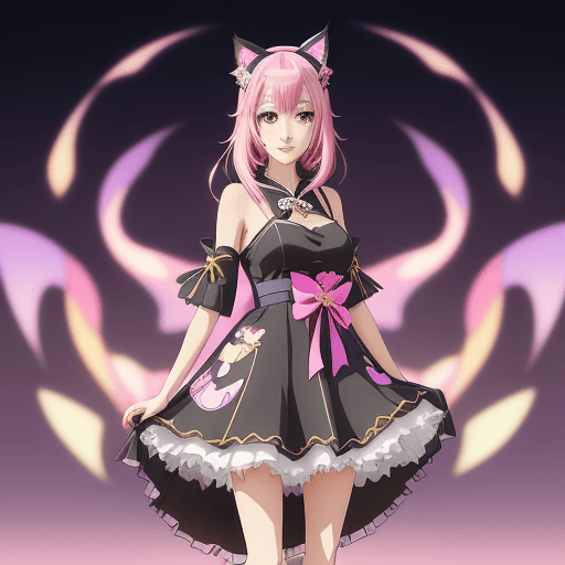 AI generated: a woman with a cat ears and a dress on is standing in front of a colorful background, anime style 4 ...