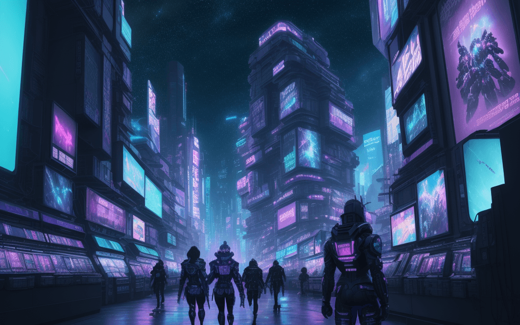 AI generated: nvinkpunk, landscape epic beautiful , galaxy sky,  anime posters and figurines on shelves, neon ligh...
