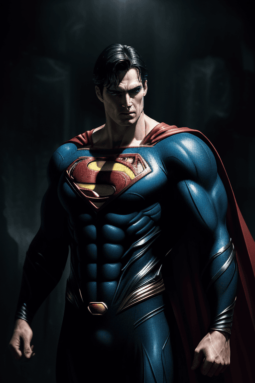 AI generated: Superman, depicted in a dynamic and intense atmosphere of darkness and horror, surrounded by dramati...