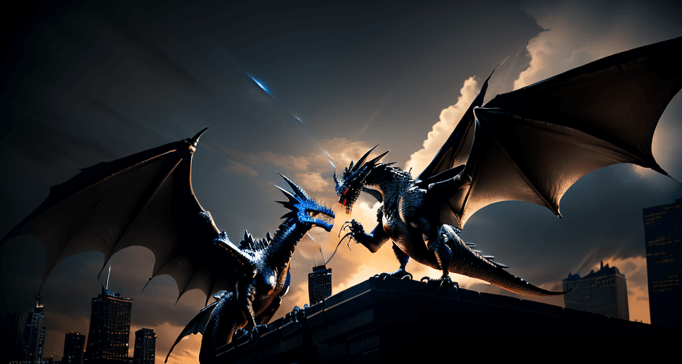 AI generated: Photo of a ultra realistic black winged dragon, breathing fire, dramatic light, at dusk, in the city...