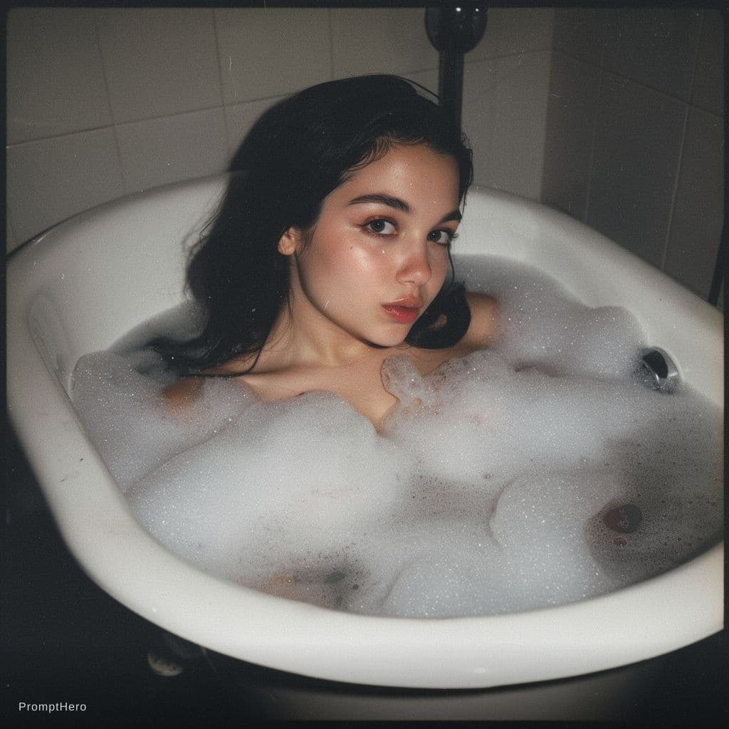 AI generated: NSFW, analog photo, film grain, upper body of a beautiful woman in a bath tub, deep water, lots of s...